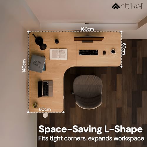 Image of ARTIKEL Elle L-Shaped Electric Height Adjustable Executive Desk for Office & Home | Ergonomic Sit-Stand Desk with Cup Holder & Headphone Hooks | 100 Kg Load Capacity (160 x 140 x 60 cm)