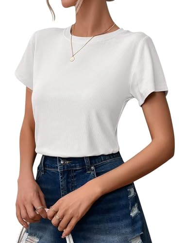 Ridshy Short Sleeve T Shirts for Women Fitted Crew Neck Tshirt Basic Ribbed Tees Shirts Fashion Casual Tops Summer White S