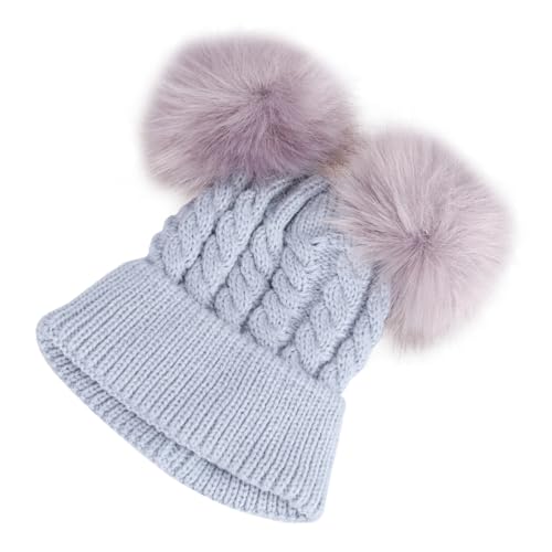 Winter Knit Hat with Double Hairballs Adorable Grey Crochet Beanie for Boys and Warm Accessory for Cold Weather