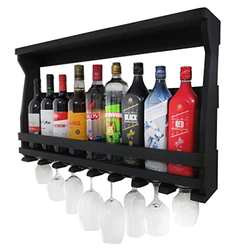 Adega de Parede Madeira Pinus Preto p/ 9 Garrafas e 8 Taças