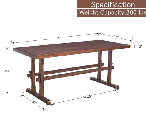 Image of HNY Walnut Wood Rectangular Dining Table for 4-6 People, Modern Farmhouse Kitchen Table, 70 Inch Large Dinner Table Center Table for Dining Room /Living Room