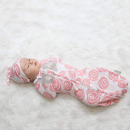 Image of Woombie Air Vented Baby Swaddling Blanket I Soothing, Cotton Baby Swaddle I Wearable Baby Blanket, Pink /White Roses, 14-19 lbs