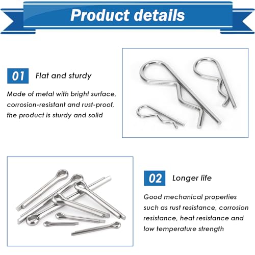 Image of 505Pcs Cotter Pin Assortment Kit - 304 Stainless Steel 13 Sizes Cotter Pins & R Clips Cotter Pin Set for Hitch Pin Lock Systems