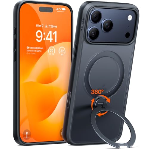 TORRAS iPhone 17 Pro Max 用 ケース【多機能一体・360°新定点回転スタンド】 Magsafe対応 【Ostand Q3 Spin】高耐久性 耐衝撃 ゼンマイ式スタンド リング マグネット搭載 急速充電対応 指紋防止 ブラック