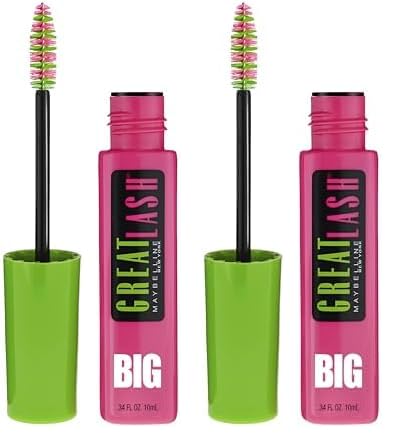 Maybelline Great Lash BIG Washable Mascara, Volumizing, Thickening, Lengthening Mascara, Blackest Black, 1 Count (Pack of 2)