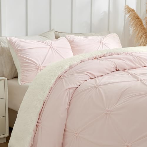 Image of BEDELITE Fluffy Sherpa King Comforter Set,Pintuck-Pink | Super Soft & Warm Fleece Bedding, Luxury Fuzzy Comforter for Winter, Heavy Plush Bedding Set,2 Pillowcases