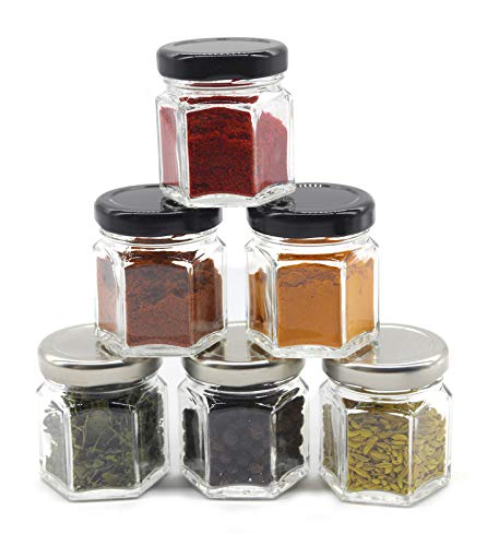 Image of Cute Hexagonal 50 grams Airtight Glass Jar Containers for Honey, Spices & other Kitchen Items with Rust Proof Black & Silver Color Caps -Set of 06