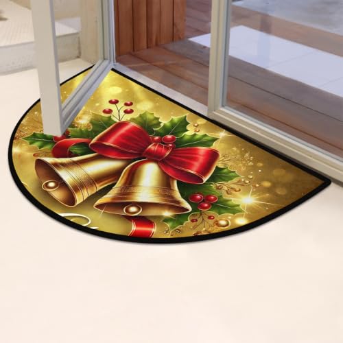 Image of Half Round Doormat Washable Kitchen Semi Circle Rug Christmas Bell Holly