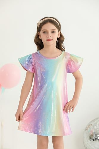 Girls Party Dress Metallic Shiny Sparkly Colorful Flutter Sleeve Swing Midi Prom Dress4