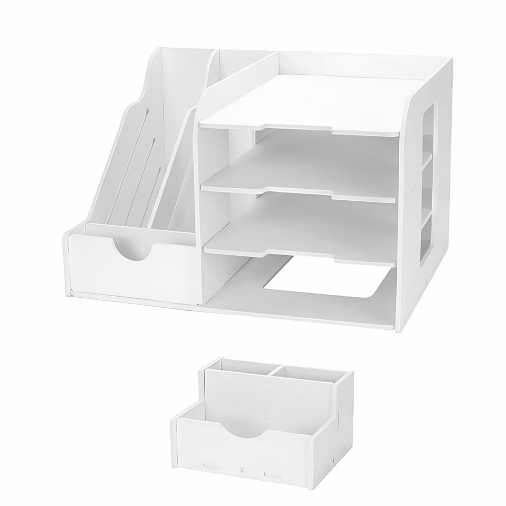 Organizzatore di cancelleria per ufficio con portadocumenti e cassetti, portaoggetti per scrivania da ufficio con vassoio portadocumenti, Bianco, 4x2