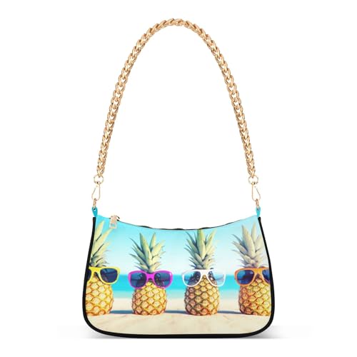 Cute Funny Beach Pineapples Floral Shoulder Purses for Women Hobo Purse Clutch Chain Strap Zipper Chain Purses