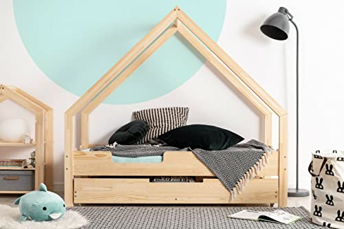 Hausbett mit Schublade für Kinder, Montessori-Hausbett, solides handgefertigtes Bett für Kleinkinder, Kinderbett, Bettrahmen, Cottage-Bett, Kleinkinderbett (80x160) (90x140) (90x160) Cover