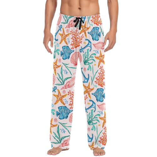 Watercolor Seashell Corals Starfish Pajama Pants Fish Men's Pajama Bottoms Lounge Sleepwear PJs Sleep Pants L
