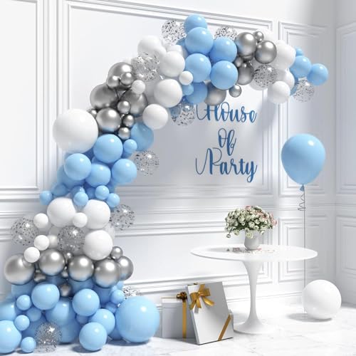 Balloon Garland Kit Blue and White Balloons Garland Kit- Blue, Silver Metallic, Silver Confetti Balloon Arch | White and Blue Graduation Decorations and Valentines decor