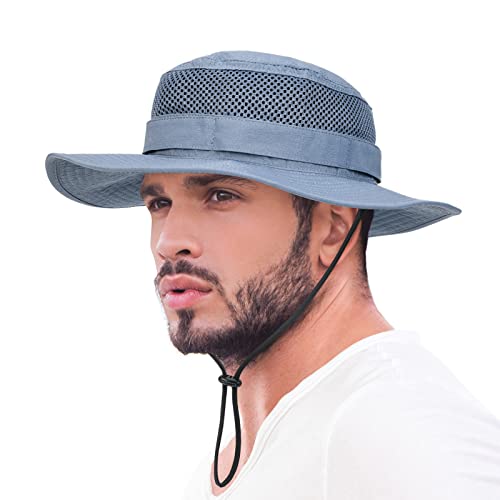 Jangoul Men Outdoor Mesh Sun Hat Wide Brim Sun Protection Hat Fishing Hiking Hat (Blue, 7 1/4) #TOP4