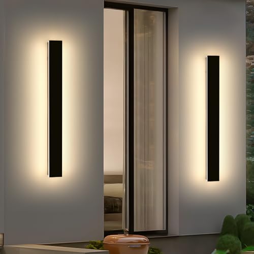 Image of 2 Pack 47.2inch Long Linear Outdoor Wall Light, 3000K Warm White Modern Wall Mounted Sconce, IP65 Waterproof, 42W, Black Exterior Lighting Fixture for Garage, Patio, Porch, Garden
