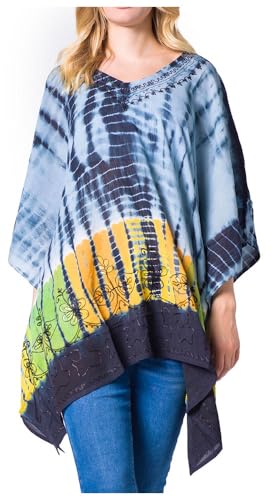 Sakkas Eliana Wide Long Tall Embroidered Tie Dye Ombre Batik Poncho Top Blouse
