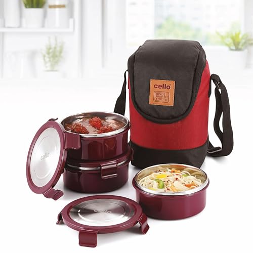 Image of CELLO MF Freshco Plus Lunch Box Set with 2 Spoons & Bag, 3 Containers, 300ml, Red | Outer Plastic & Inner Stainless Steel Tiffin Box with Jacket | Ideal for College, Office