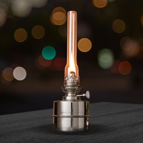 Kings County Tools Oil Lamp - 13” Extra-Bright Hurricane Lamp with Antique-Style Nickel Body and Glass Chimney - Decorative Kerosene Lantern with Adjustable Wick - Oil Lamps for Indoor Use