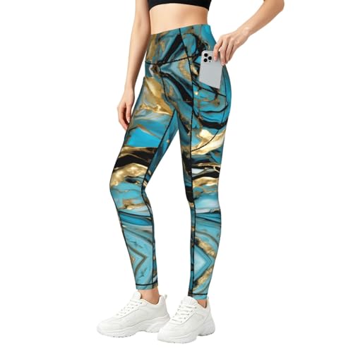 Leggings de mármol azul turquesa y dorado pantalones elásticos de entrenamiento