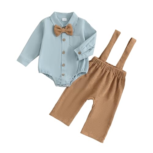Newborn Baby Boy Fall Outfit Formal Long Sleeve Romper Bow Tie Corduroy Overalls Suspender Pants Set Suit Clothes