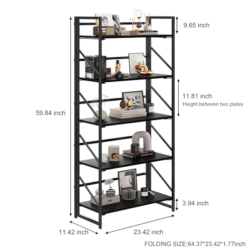 Image of JSB No Assembly Folding Bookshelf, 5 Tier Industrial Metal Book Shelf for Storage, Vintage Wood Foldable Bookcase for Living Room, Bedroom, Office Organization Shelves