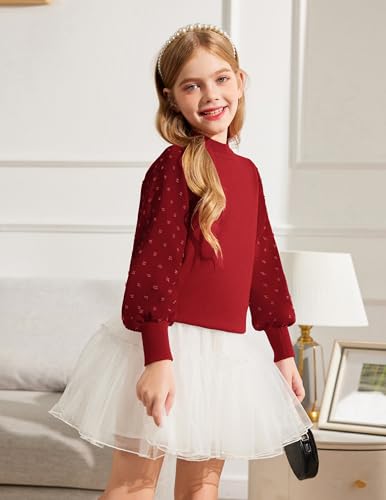 Image of Arshiner Girls Puff Long Sleeve Sweaters Crewneck Lace Polka Dot Casual Knit Tops Pullover Jumper Outwear for Kids