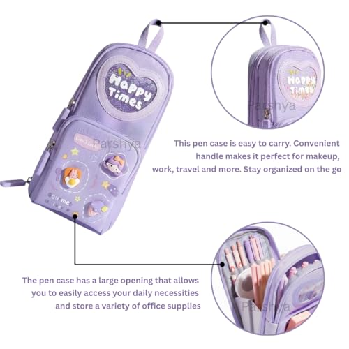 Image of Parshya Large Capacity Pencil Pouch for Girls | Waterproof Multi-Layer Pen Case with 3D Stickers, Silicone Zip Pullers & Carry Handle | Perfect for School Students, Kids, Artists & Office Stationery
