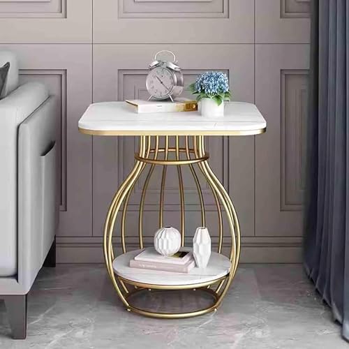 CROWN ART SHOPPEE Metal Modern Side Table Corners Living Room Square Table Double Tier Sofa Side Table,Round Base Coffee Table,Portable Bedroom Nightstands Small Space (White)