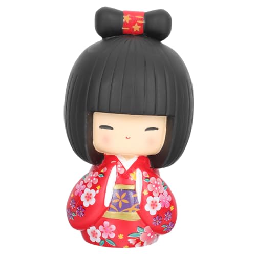 SHINEOFI Poupée Kokeshi Japonaise en Résine Rouge, Ornement de Kimono Traditionnel, Décoration de Table Japonaise Compacte pour Bureau et Intérieur, Figurine Artisanale Miniature