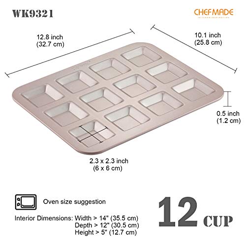 CHEFMADE Financier Cake Pan - 12-Cavity Non-Stick Square Muffin Bakeware for Oven Baking (Champagne Gold) - Image 2