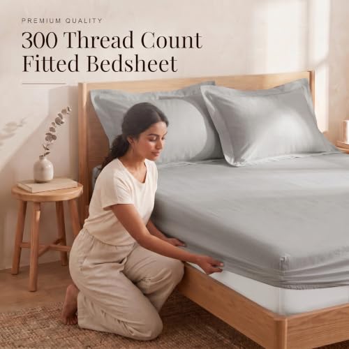 Image of Huesland 300 TC Premium 100% Pure Cotton Luxe Soft Touch Fitted Single Size Bedsheet Cotton with 2 Pillow Covers | Glacier Grey | 36 x 78 Inches