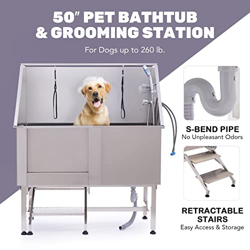 CO-Z Hundebadewanne 50'' Haustierbadewanne aus 304 Edelstahl mit Treppe, Professionelle Tierbadewanne Hundepflegewanne Hundedusche Hundepoolmit Duschkopf & Schiebetür für Hunde Tragfähigkeit 120kg