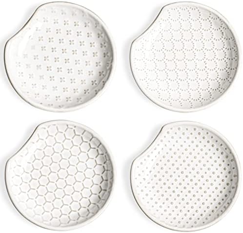 LE TAUCI Spoon Rest for Stove Top, Spoon Holder for Kitchen Counter, Embossment Housewarming Gift, Farmhouse Decor, Ceramic Accessories Utensil Rest - 4.8 inch, Set of 4, White