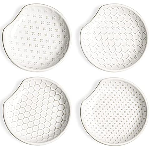 LE TAUCI Spoon Rest for Stove Top, Spoon Holder for Kitchen Counter, Embossment Housewarming Present, Farmhouse Decor, Ceramic Accessories Utensil Rest - 4.8 inch, Set of 4, White Cover