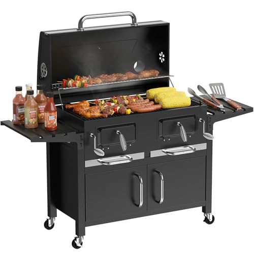 Bestfire Extra Large Charcoal BBQ Grill with Oversized Cooking Space, Dual Charcoal Trays, Enamel Grates & Chrome Warming Rack, Outdoor Barbecue Smoker with 4 Wheels & Side Tables