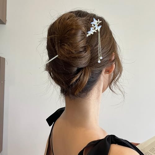 inSowni 8 Pieces Retro Asian Chinese Traditional Hanfu Butterfly Flower Metal Hair Sticks with Pearl Pendants Long Hair Pins Forks Chopsticks Bun Updo Holders for Women Girls - Thumbnail 4
