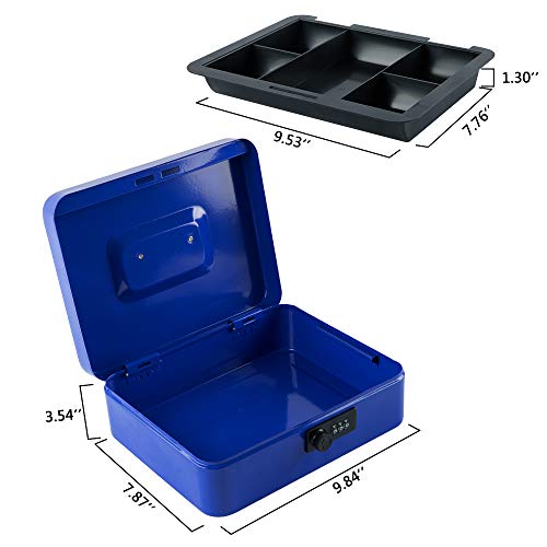 Image of KYODOLED Large Cash Box with Combination Lock,Safe Metal Box for Money, Storage Lock Box with Money Tray,9.84 inchx 7.87 inchx 3.54 inch Blue Large