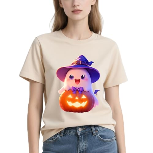 IRUD Halloween Shirts for Women - Pumpkin Ghost Wizard Hat Pattern Round Neck Short Sleeve - image 1