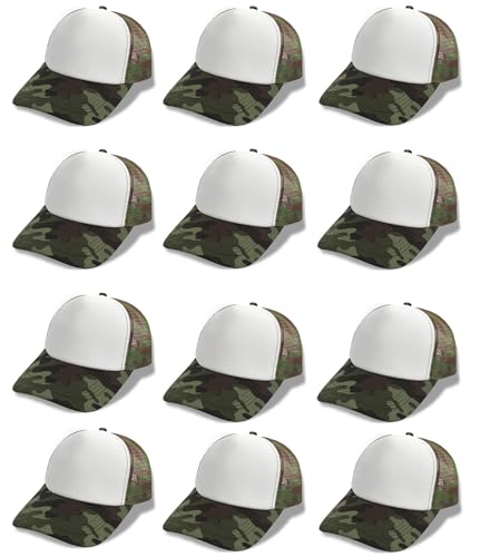 12 Pcs Sublimation Blank Trucker Hats Bulk Mesh Snapback Baseball Cap Mesh Trucker Caps for Men and Women DIY Custom Hats (US Alpha One Size Camo White)