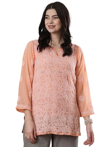 Image of Ada Women's Georgette Regular Fit Chikankari Hand Embroidered Lucknow Short Kurti Top A911224