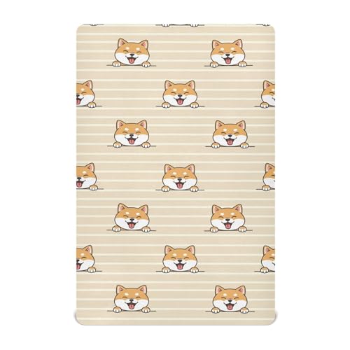 Image of Shiba Dog Stripe Khaki Fitted Crib Sheet for Boys Girls Baby Bedsheet for Toddler,52 X 28 in