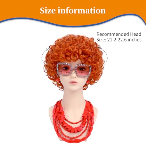 Image of Women Roper Curly Orange Red Cosplay Wig with Necklace Earrings and Sunglasses for Women Hallween Costume Wig