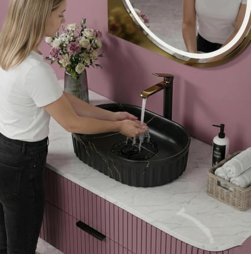 Image of BASSINO 22x14x6 Inches Ceramic Table Top Wash Basin /Designer Bathroom Sink /Countertop Vessel Basin /Oblong-Oval Above Counter Basin /Luxury Wash Basin for Bathroom /Dining Hall(Matt Black Marble Finish)
