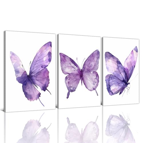 NAMENLAIMI Butterfly Wall Art 3 Piece Purple Butterfly Canvas Print Watercolor Butterflies Picture Painting Minimalist Artwork for Living Room Gallery Decor Frame(Butterfly-3,12.00" x 16.00" x 3Pcs)