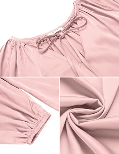 Chigant Women's Satin Business Casual Shirts V Neck Balloon Sleeve Blouse Plus Size Silk Top Pink Large #TOP4