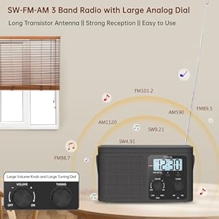 DreamSky AM FM Radio Portable - Shortwave Radio Battery Powered or Plug in Wall for Home Outdoor, Strong Reception, Large Dial Easy to Use, Digital Time Display, Transistor Antenna, Seniors Small Gift