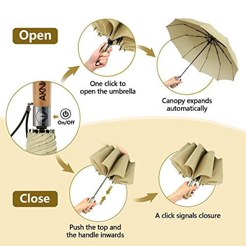 Aknw Portable Travel Umbrellas For Rain Windproof, 10 Ribs Auto Open Close Folding Umbrella With Wood Handle, Strong, Wind Resistant, Compact Small Umbrella For Backpack, Car, Khaki #TOP4