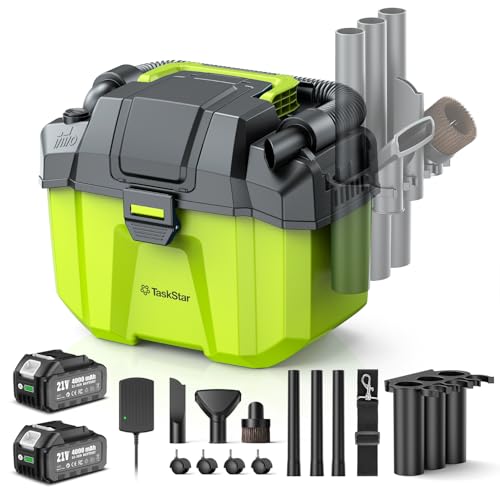 TaskStar Cordless Shop Vac, 2.6 Gal 2x4.0Ah Battery Powered Shop Vac, 3-in-1 Cordless Shop Vacuum Wet and Dry with Strap, 4 Wheels, Accessory Storage Holder, Ideal for Garage, Car, Workshop