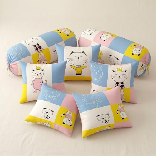 Image of Filymore Cat Print 8 Pieces Diwan Set for Kids Room, Soft Microfiber Single Bedsheet with 5 Cushion Covers & 2 Bolster Covers, Cute Cartoon Kids Bedding Set for Boys & Girls (Pink)